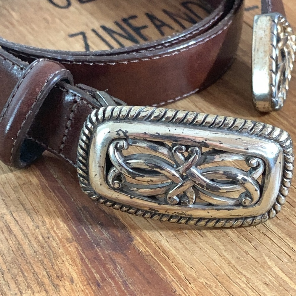 Brighton | Vintage 1995 Brown Leather Silver Celtic Knot Scroll Buckle Belt L - Picture 3 of 14